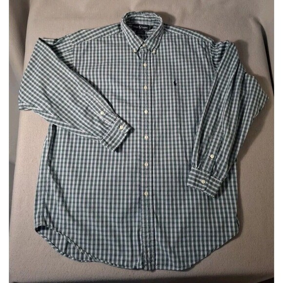 Ralph Lauren Shirt Men's L Blake OCBD Oxford Cloth Plaid  Blue Green Pony - Picture 1 of 6